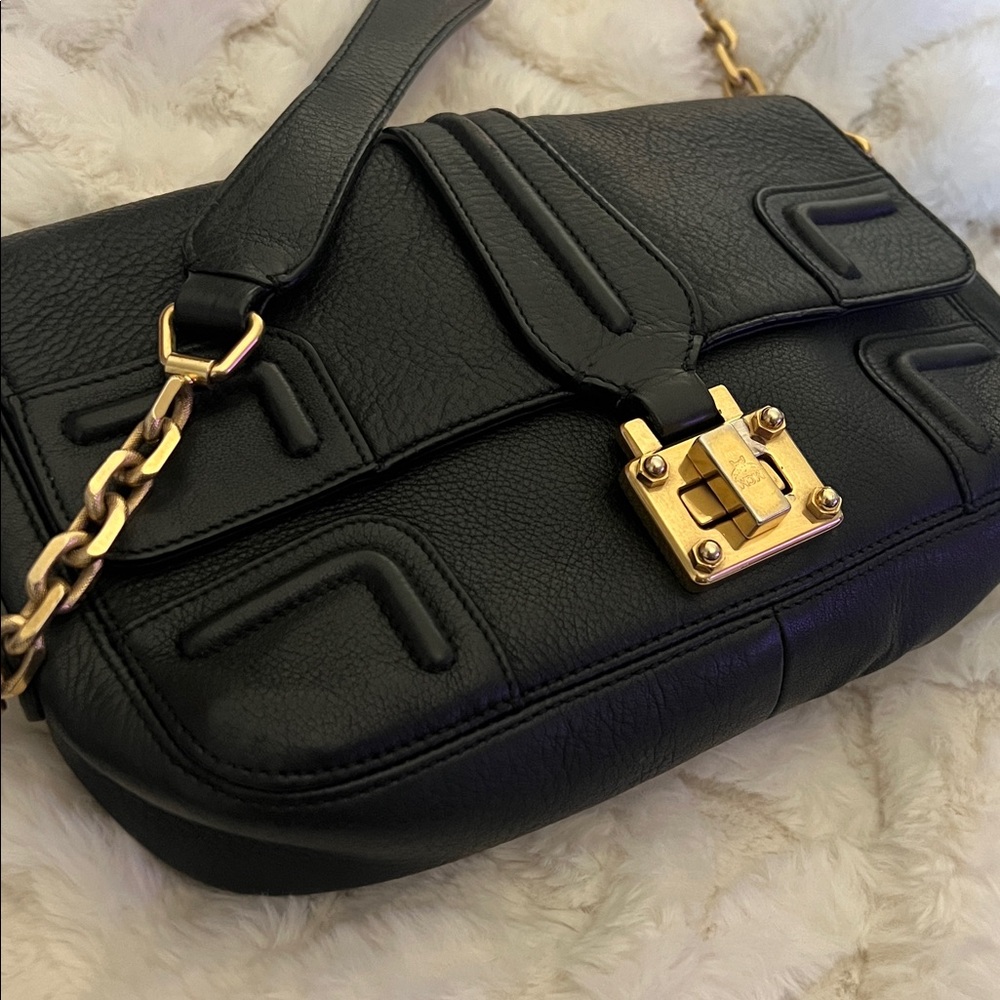Vintage MCM Black Leather Crossbody with gold Hardware